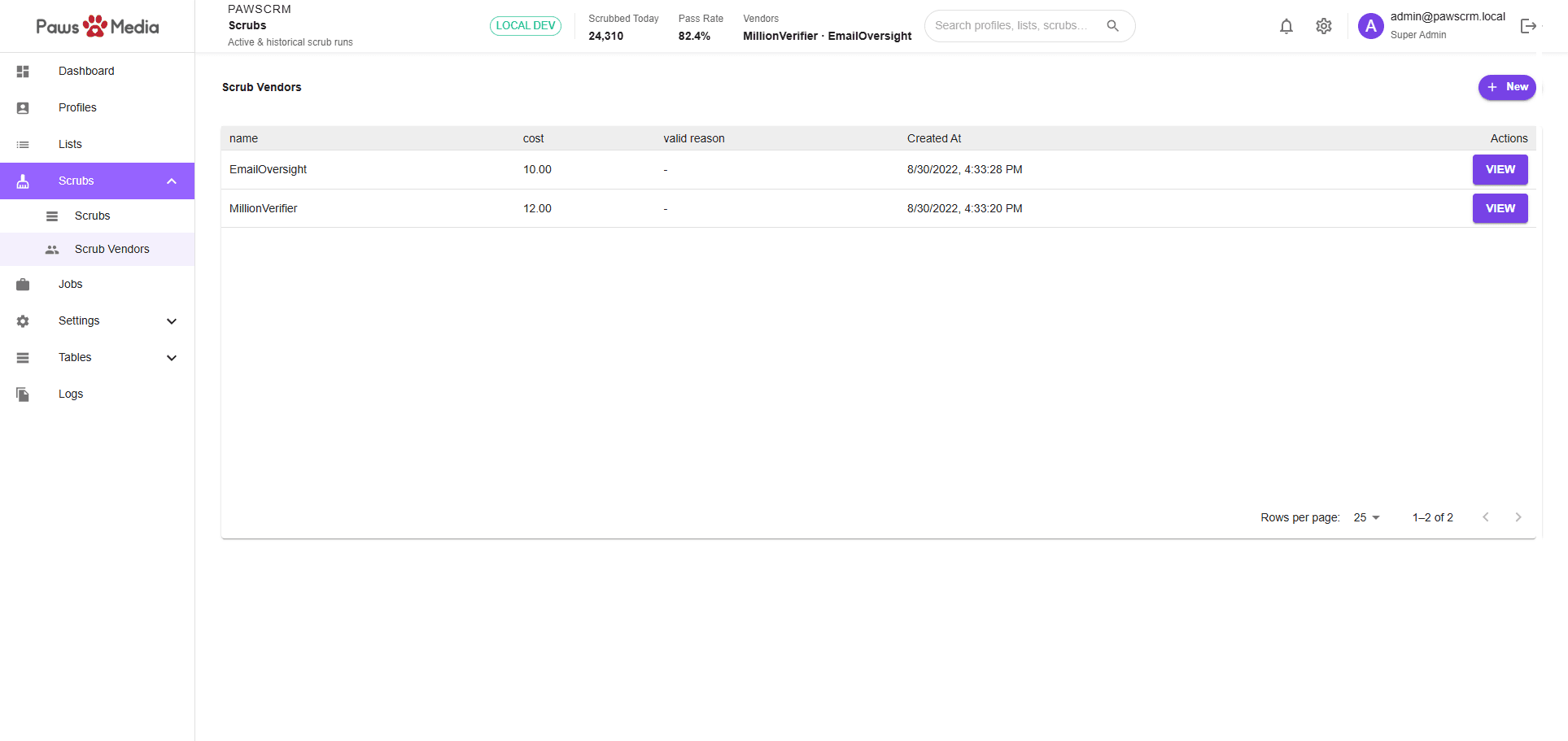 PawsCRM scrub vendors screen