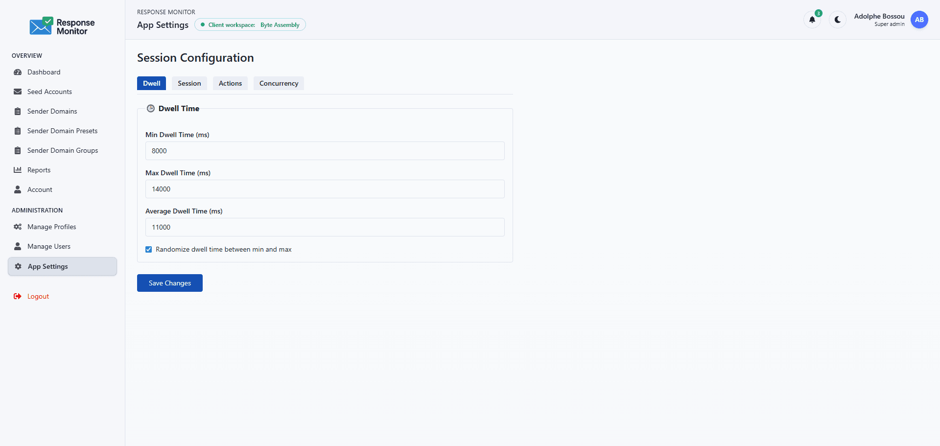 Session configuration admin settings