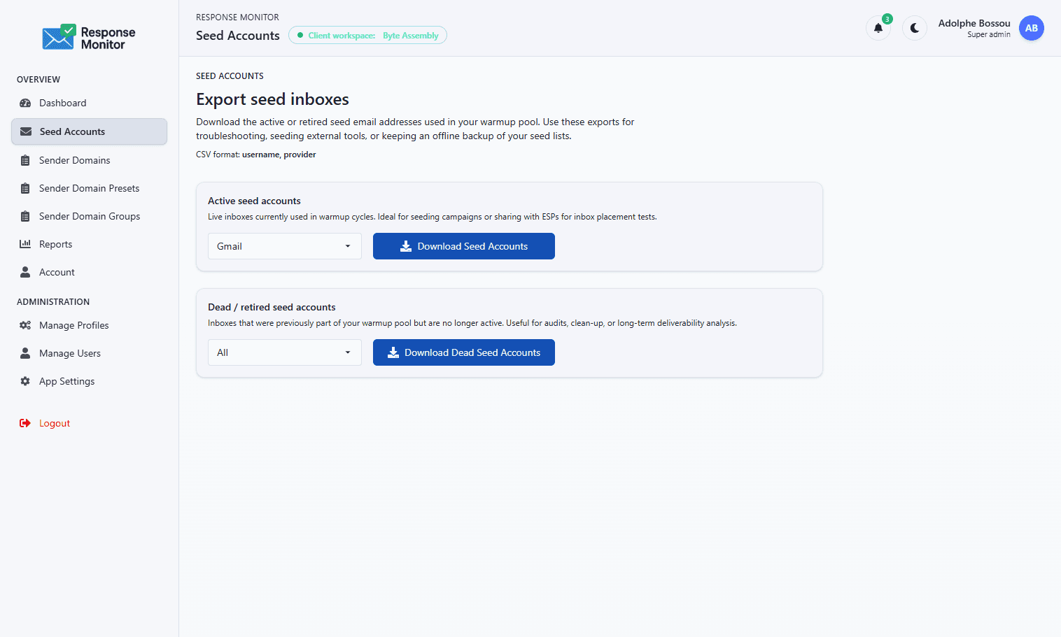 Seed accounts export screen